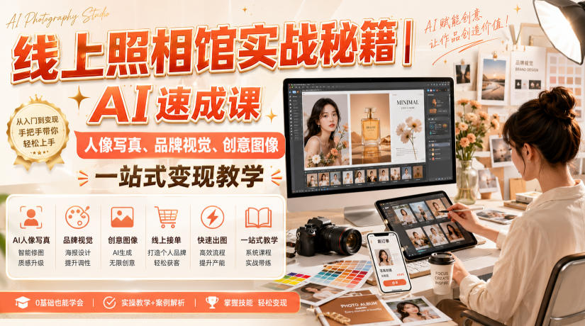线上照相馆实战秘籍|AI速成课,人像写真、品牌视觉、创意图像一站式变现教学-优创圈