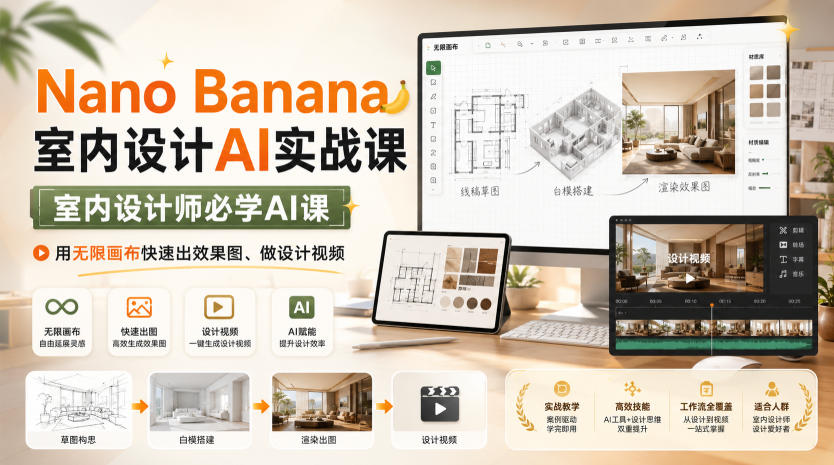 Nano Banana室内设计AI实战课,室内设计师必学AI课,用无限画布快速出效果图、做设计视频-优创圈