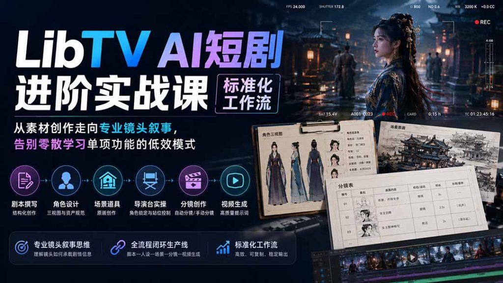 LibTV AI短剧进阶实操课标准化工作流;从素材创作走向专业镜头叙事,告别零散学习单项功能的低效模式-优创圈