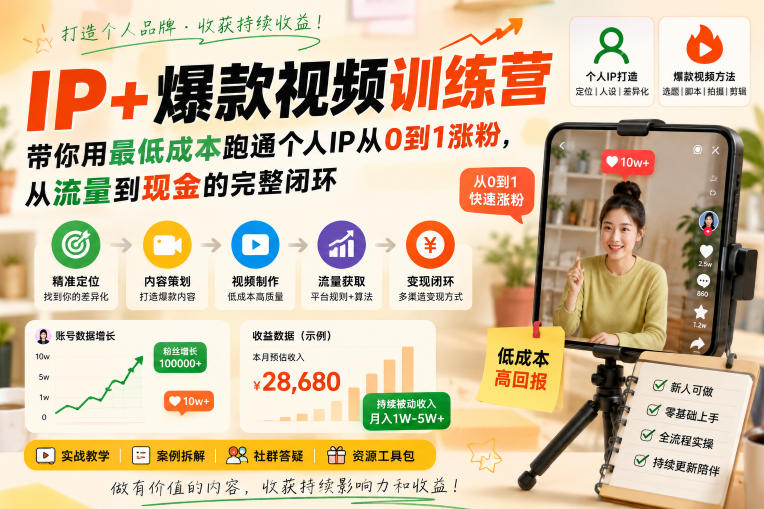 IP+爆款视频训练营,带你用最低成本跑通个人IP从0到1涨粉,从流量到现金的完整闭环(更新)-优创圈