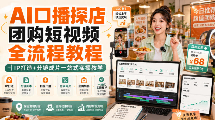 AI口播探店团购短视频全流程教程｜IP打造+分镜成片一站式实操教学-优创圈