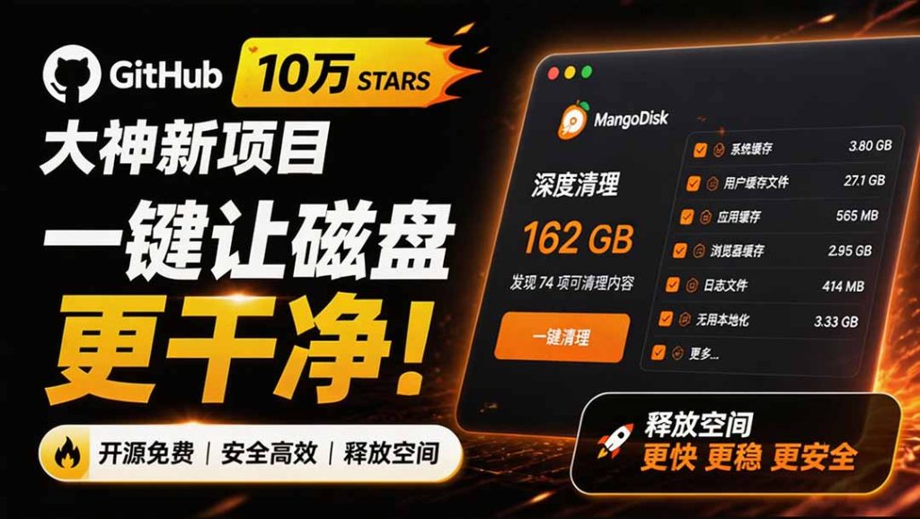 在Gtihub上做出10万 stars 的大神,又发布新项目了!一键让磁盘更干净,开源免费清理工具 MangoDisk-优创圈