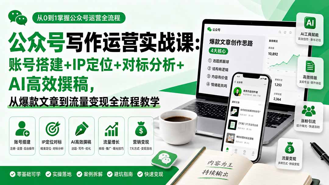公众号写作运营实战课:账号搭建+IP定位+对标分析+AI高效撰稿,从爆款文章到流量变现全流程教学