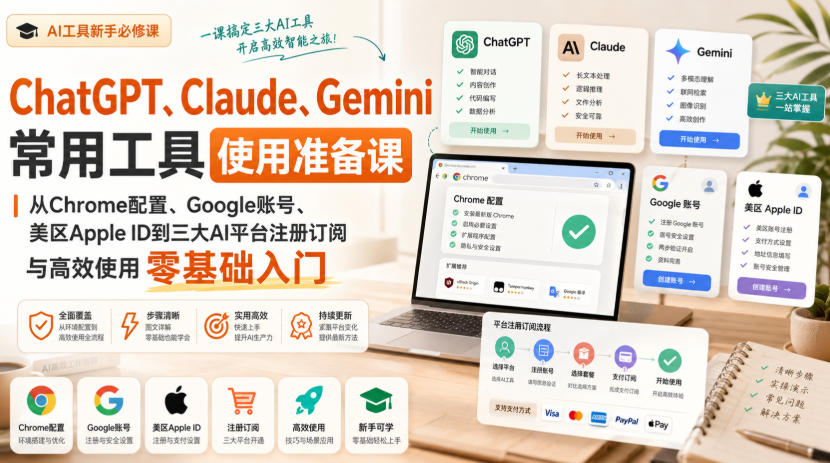 ChatGPT、Claude、Gemini常用工具使用准备课|从Chrome配置、Google账号、美区Apple ID到三大AI平台注册订阅与高效使用零基础入门-优创圈