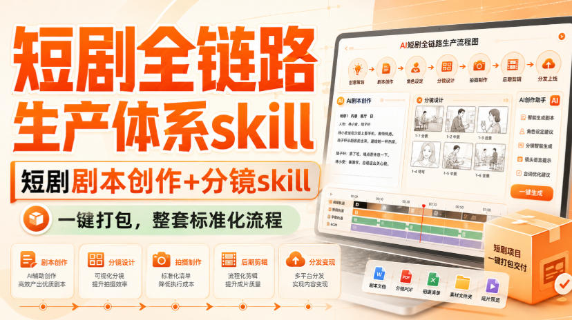 短剧全链路生产体系skill,短剧剧本创作+分镜skill,一键打包,整套标准化流程
