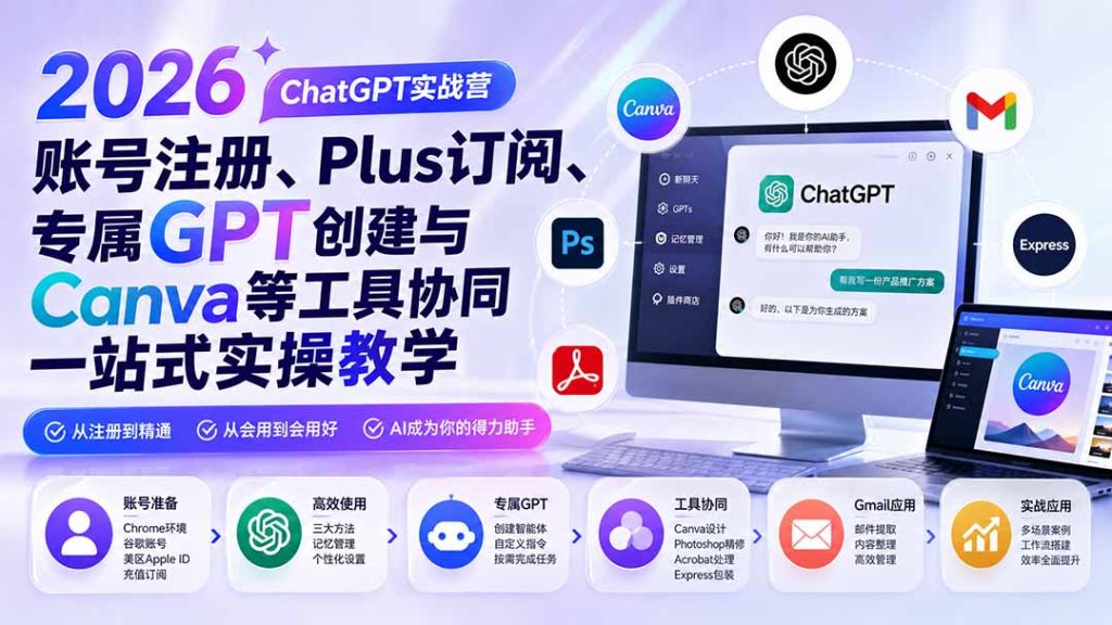 2026 ChatGPT实战营;账号注册、Plus订阅、专属GPT创建与Canva等工具协同一站式实操教学-优创圈
