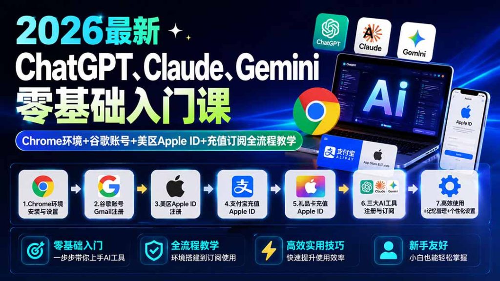 2026最新ChatGPT、Claude、Gemini零基础入门课:Chrome环境+谷歌账号+美区Apple ID+充值订阅全流程教学-优创圈