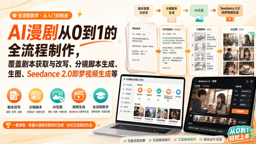 AI漫剧从0到1的全流程制作，覆盖剧本获取与改写、分镜脚本生成、角色场景生图与三视图、Seedance 2.0即梦视频生成（PDF版）-优创圈