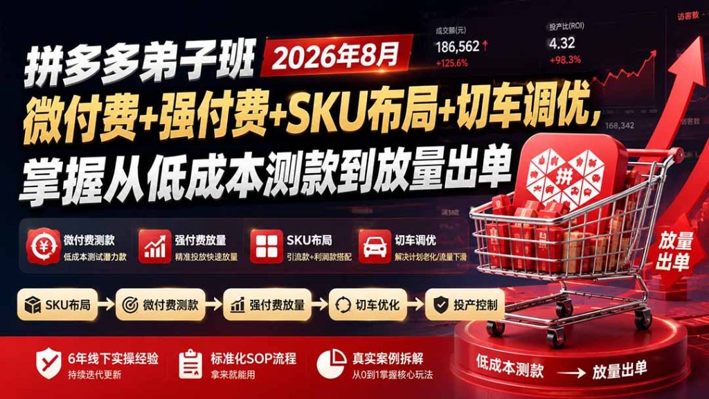 拼多多弟子班2026年8月:微付费+强付费+SKU布局+切车调优,掌握从低成本测款到放量出单-优创圈