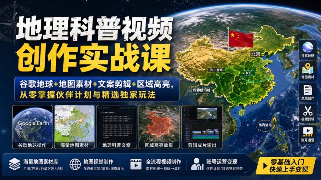 地理科普视频创作实战课:谷歌地球+地图素材+文案剪辑+区域高亮,从零掌握伙伴计划与精选独家玩法-优创圈