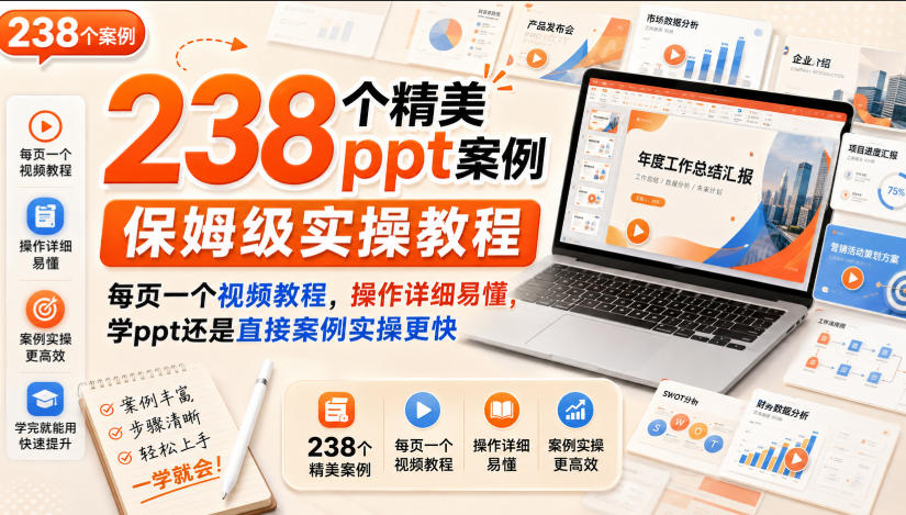 238个精美ppt案例保姆级实操教程，每页一个视频教程，操作详细易懂，学ppt还是直接案例实操更快-优创圈