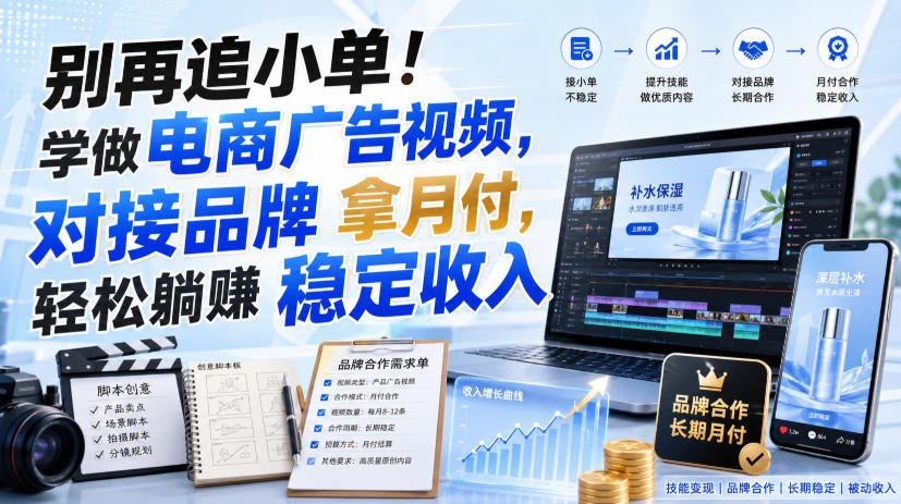 别再追小单!学做电商广告视频,对接品牌拿月付,轻松躺賺稳定收入【原创双语字幕】-优创圈
