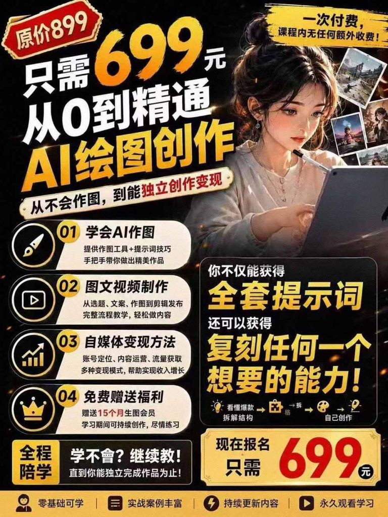 外面卖699元的抖音10W粉博主AI绘图实战课:提示词+爆款复刻+漫画创作+封面设计,从0掌握AI作图与变现完整流程-优创圈