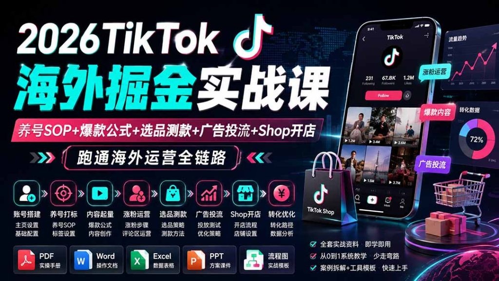 2026TikTok海外掘金实战课——养号SOP+爆款公式+选品测款+广告投流+Shop开店,跑通海外运营全链路-优创圈