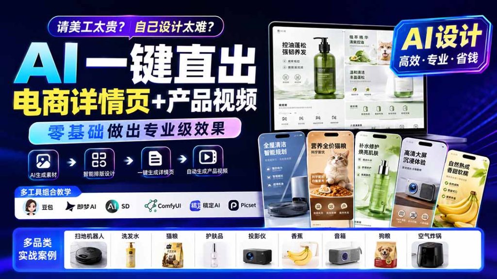 请美工太贵?自己设计太难?AI一键直出电商详情页+产品视频,零基础做出专业级效果 (更新0820)-优创圈