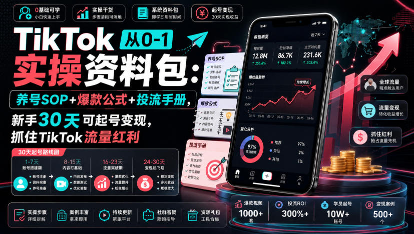 TikTok从0-1实操资料包：养号SOP+爆款公式+投流手册，新手30天可起号变现，抓住TikTok流量红利-优创圈