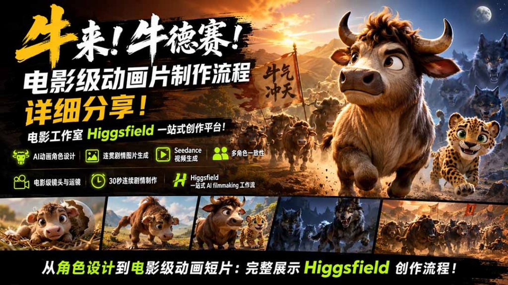 牛来!牛德赛!电影级动画片制作流程详细分享!电影工作室Higgsfield一站式创作平台!-优创圈