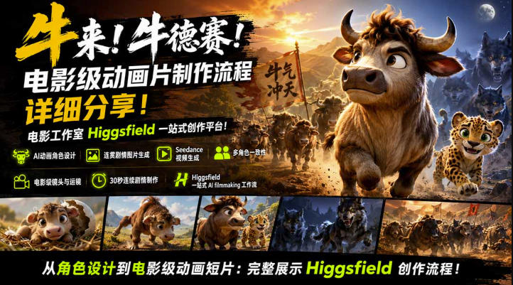 牛来!牛德赛!电影级动画片制作流程详细分享!电影工作室Higgsfield一站式创作平台,完整创作流程-优创圈