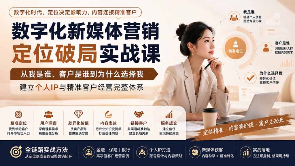 数字化新媒体营销定位破局实战课：从我是谁、客户是谁到为什么选择我，建立个人IP与精准客户经营完整体系-优创圈