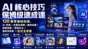 AI核心技巧保姆级速成课|120集零基础实操,AI写真/生图生视频/趣味动画/修图排版/智能办公/爆款短视频一站式全掌握(更新)-优创圈