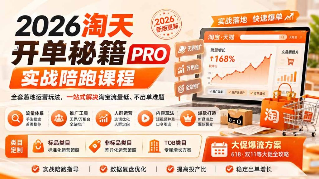 2026淘天开单秘籍PRO实战陪跑课程:全套落地运营玩法,一站式解决淘宝流量低、不出单难题(更新260823)-优创圈