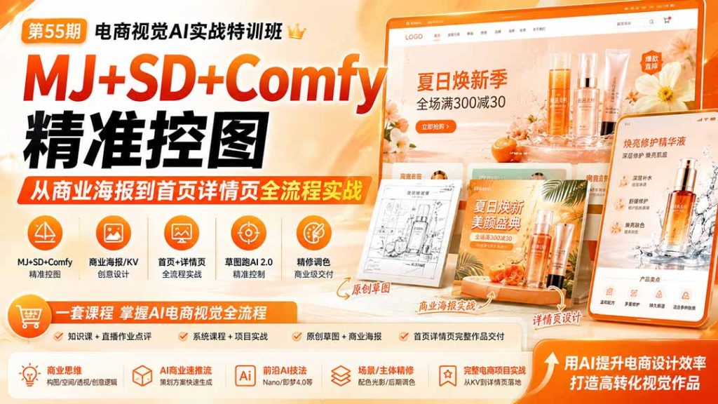 电商视觉 AI实战训练营第55期:MJ+SD+Comfy精准控图,从商业海报到首页详情页全流程实战-优创圈